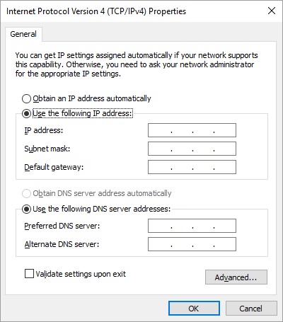 IPV4 Properties Menu